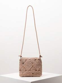 花卉镂空钩针编织斜挎包、沙滩包、度假包、钩针套装、度假必需品、旅行必备品、可调节肩带（图案随机） - 駝色 - 查看 2