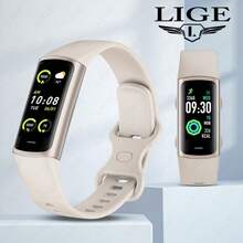 LIGE智能手表，具备多种运动模式、闹钟、久坐提醒、生理期提醒和音乐播放功能。时尚、小巧、轻便的马卡龙色智能手表。