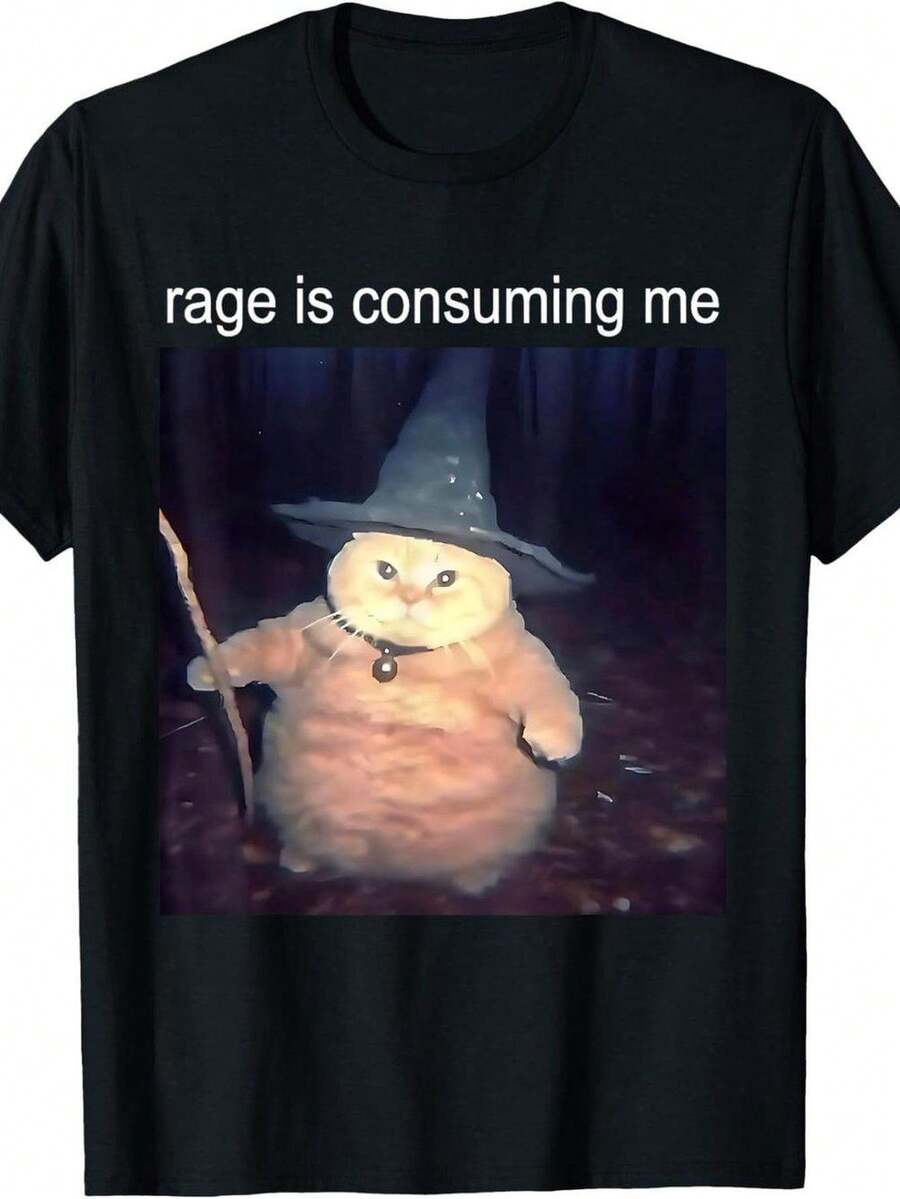 Funny 'Anger Devours Me' Witch Cat Graphic T-Shirt - Soft Cotton Crew Neck Short Sleeve Top, Suitable For Adults And Teens, Halloween Gift, Machine Washable, Sizes S-3XL, Fun Design, Breathable Fabric, Daily Wear, Must-Have For Humor Lovers - 黑色 - 查看 1