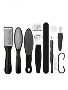 11pcs/10pcs Universal Foot Scrub Set Foot Scraping File, 10In1 Foot Toolkit Exfoliating Cleaning Foot Care Dead Skin Removal Coolus, Scraping, Foot Scrubber - Black - View 1