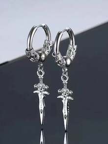Fashionable & Stylish Collection: Black Personalized Hiphop Earrings, Long Earrings, Stainless Steel Vintage Dragon Pattern Sword Pendant Earrings & Ear Clips - Silver - View 1