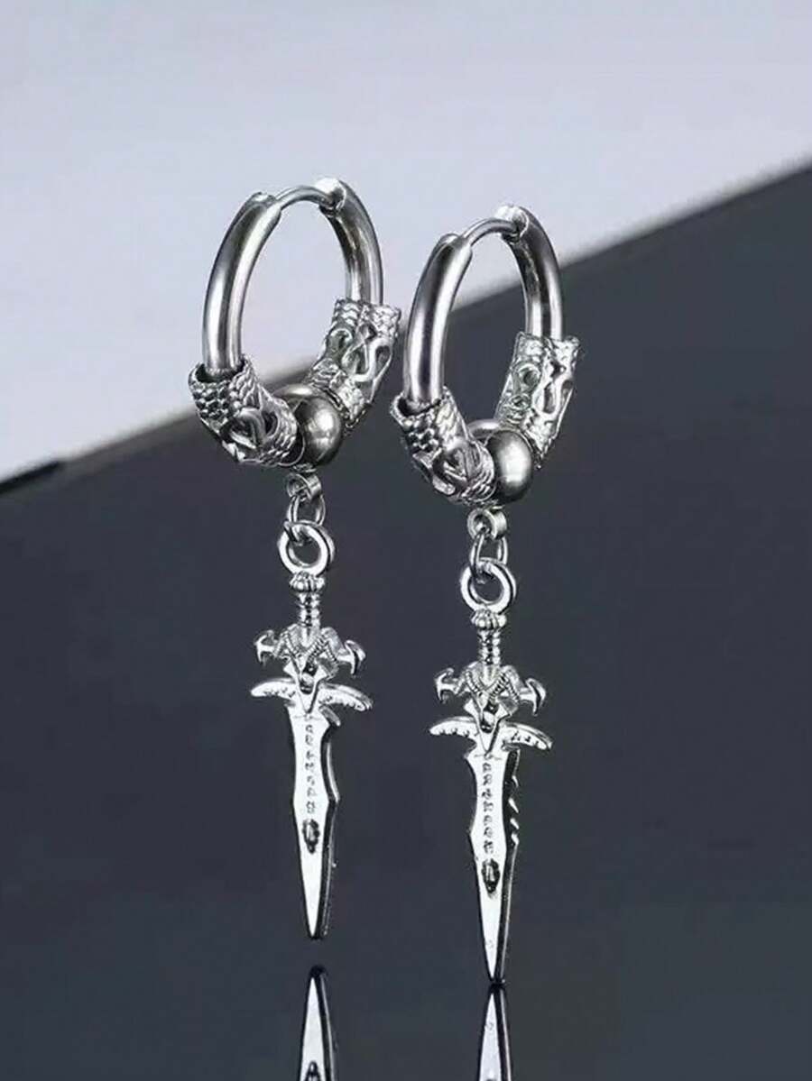 Fashionable & Stylish Collection: Black Personalized Hiphop Earrings, Long Earrings, Stainless Steel Vintage Dragon Pattern Sword Pendant Earrings & Ear Clips - Silver - View 1