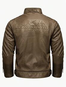 Men's Vintage Thickened Jacket With Multiple Pockets, Stand Collar Motorcycle Jacket, Casual PU Leather Coat - Brown - View 4