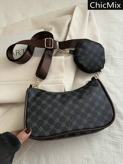 Set de 2 piezas Bolso bandolera y mini bolsa con diseño gráfico geométrico de colores contrastantes