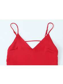 SHIBASHAN 性感缎面吊带V领长款连衣裙，女士时尚细肩带露背修身派对礼服 - 紅色 - 查看 5