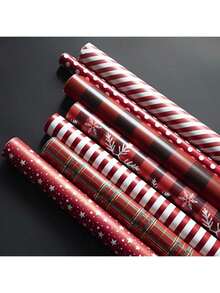 6pcs Assorted Red Plaid Christmas & New Year Gift Wrapping Paper