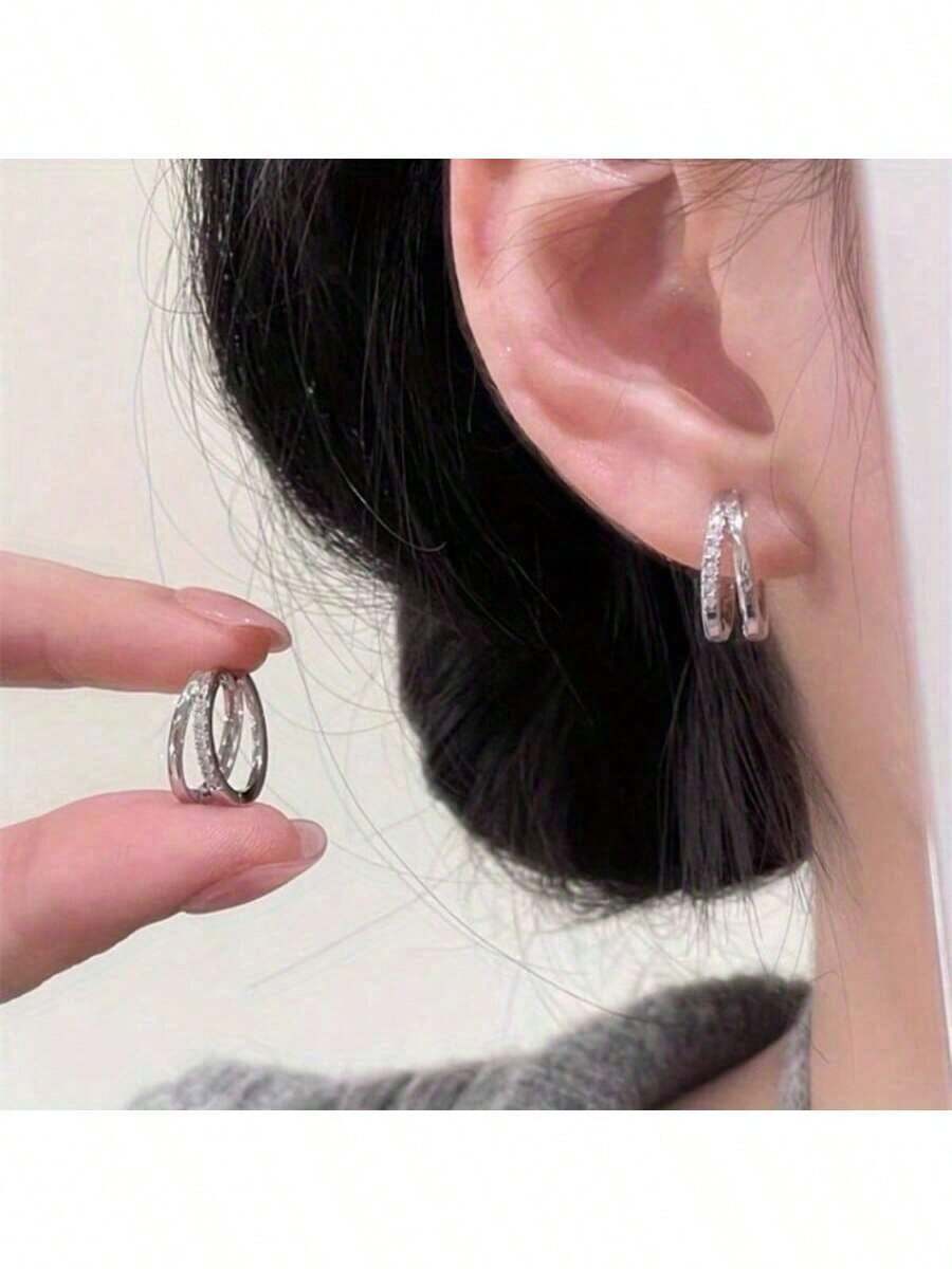 A Pair Of Delicate And Small Silver Double Layered Ear Buckles, With A Luxurious And High-End Temperament, Versatile And Fashionable Female Earrings, Perfect For Daily Wear, Commuting And Gatherings - Ideal Gift - 銀色 - 查看 1