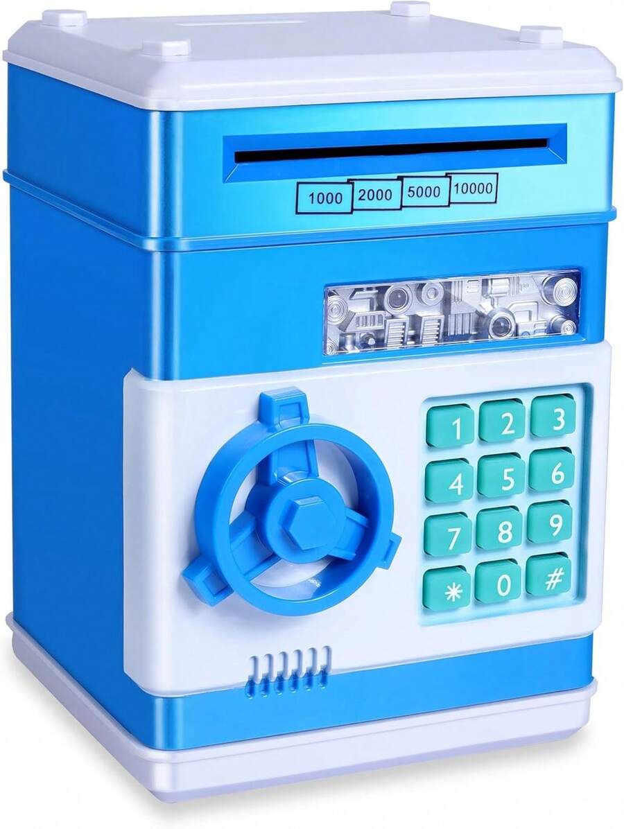Electronic Piggy Bank Code Lock For Kids Baby Toy, Mini ATM Safe Coin Cash Banks Real Money Saving Box With Password, Auto Money Scroll For Children,Boys Girls Birthday Gift (BLUE) - 藍色 - 查看 1