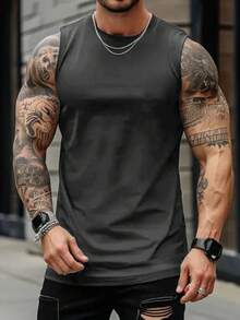 男士纯色休闲街头风格运动无袖T恤 - 深灰色 - 查看 5