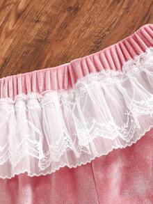 Conjunto de 2 Peças para Meninas para Outono/Inverno, Top de Manga Longa de Veludo com Padrão de Coração 3D e Acabamento de Renda, Calça Pantalona de Veludo, Conjunto Doce e Quente para Meninas