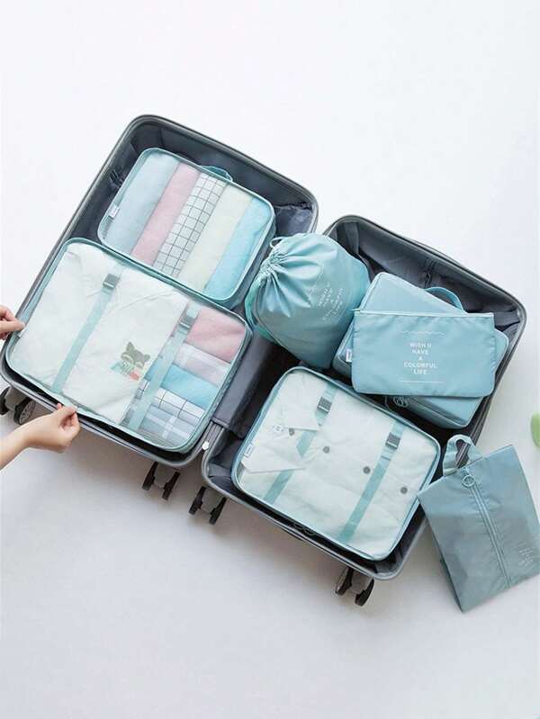 7 pièces Sac de rangement de voyage étanche, sac de rangement portable avec sacs à chaussures, de toilette et de linge. Accessoires de voyage, essentiels de voyage, sac de voyage pour vacances, retour à l'école, fournitures scolaires, cubes de rangement, articles essentiels pour la chambre d'étudiant et le campus