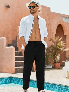 Men's Linen Yoga Beach Pants Loose Fit Casual Summer Elastic Waist Drawstring Baggy Trousers With Pockets - màu đen - Xem 2