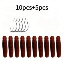 15 件曲柄钩和诱饵双色土豆蝇蛹软饵远距离慢沉软虫人工饵户外钓鱼，适用于大嘴鲈鱼