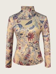 Áo cổ cao tay dài ôm dáng họa tiết Paisley cổ điển, chất liệu mềm mại co giãn, kiểu dáng retro đa năng với họa tiết hoa dành cho nữ, thích hợp cho mùa xuân. - Màu Khaki - Xem 4