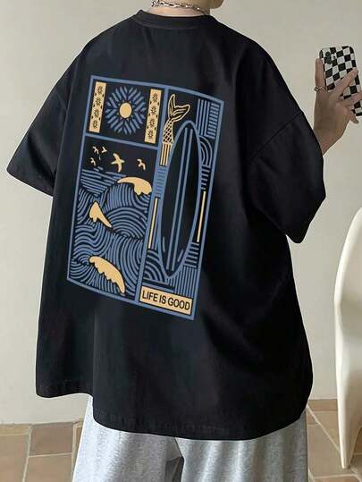 Camiseta de manga corta de cuello redondo con estampado gráfico casual para hombre, de verano