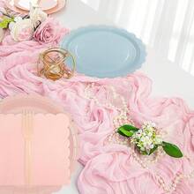 75Pcs Pink Blue Paper Plates And Napkins,25 Guest Pink And Blue Scalloped Paper Tableware Forks Disposable Dinnerwaret Kit For Baby Shower Bridal Wedding Birthday Party New Year Decorations,9010107