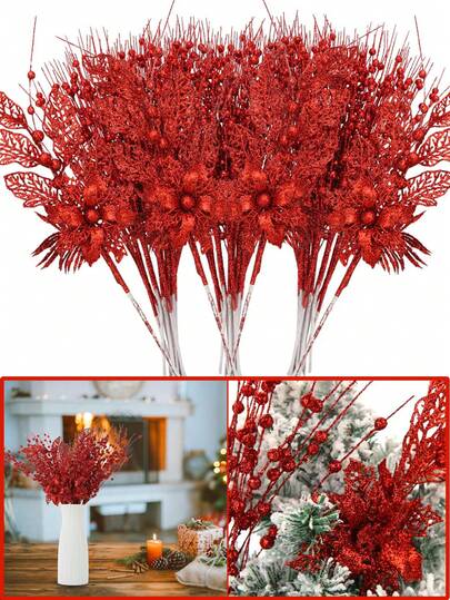 7Pack Christmas Tree Ornaments Set, Red Artificial Glitter Berry Flowers Stem Branches Picks For Xmas Tree Decoration Gift Small Vase Home Holiday Wedding Party Decor,Artificial Glitter Christmas Tree Picks,6pcs Artificial Glitter Berry Stems With 1pc Glitter Berry Flowers Ornaments For Christmas Tree Gift New Year's Eve Decorations-Red