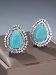 1 对优雅女士泪滴绿松石和立方氧化锆耳钉 - 奢华风格，铜底座，无镍电镀，适合婚礼、派对和周年纪念 - 耳環 - 查看 5