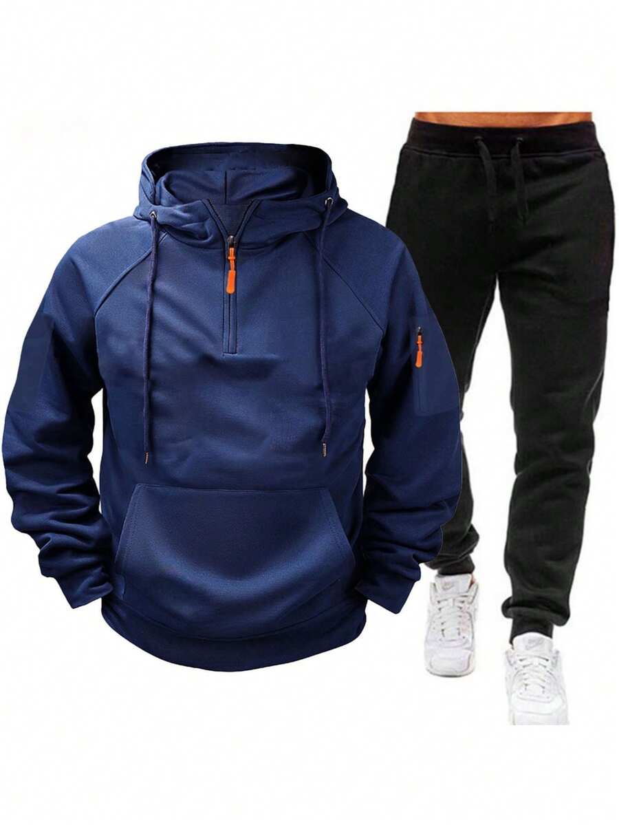 Men's Casual Sports Suit, Lightweight Zip-Up Hoodie With Jogger Pants, Anti-Pilling Sweatshirt, Durable Fabric, Reinforced Stitching, Quarter Zip Pullover, Adjustable Drawstring.  Spring/Fall  Winter    Regular Fit    Pocket  Zipper  Drawstring - 藏蓝色 - 查看 1
