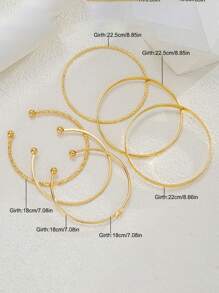 5/6 件复古时尚夸张开口星花扭纹手镯套装，光滑不对称袖口手镯 - 金色 - 查看 10