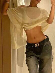 Women Sheer Knit Poncho Y2K Off Shoulder Asymmetric Shrug Sweater Pullover Top Lightweight See Through Cover Up Tops  Pullover Sweaters Tops - 黃色 - 查看 7