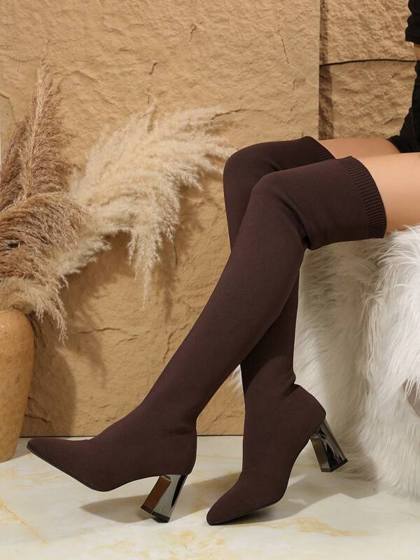 Botas femininas elegantes de salto alto com bico fino e elástico, confortáveis e sensuais, pretas, salto grosso, até o joelho