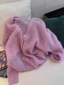 Casual Mohair Solid Color Knit Front Button Hollow Long Sleeve Sweater, Suitable For Everyday And Dates In Spring/Autumn - Purple - View 4