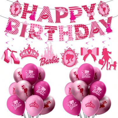 Mattel 25PCS Barbie Officially Licensed Barbie Series Pink Balloon Set Cartoon Character Balloon Flag Hanger Partty Supplies Birthday Party Bouquet Decorations Cute Theme Scene Layout Interior Decoration