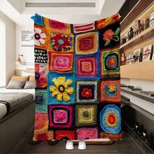 1pc Comfortable Colorful Crochet Floral Pattern Flannel Blanket, Bedroom Decor, Picnic Mat, Travel Throw, Wool Blanket, Bed Blanket, Plush Throw, Casual Blanket, Autumn Blanket, Summer Quilt, Bedroom Rug, Soft Blanket, Sofa Cover, Cool Fleece, Soft Polyester Knitted Design, Multi-Purpose, Machine Washable, Bedding, A Fluffy Blanket And Casual Throw, Ideal Gift For Family And Friends On Birthday, Anniversary, Everyday - Multicolor - View 2
