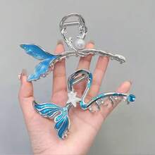 1 件女士蓝色美人鱼金属大发爪夹，高端仿珍珠爪夹，优雅公主马尾发夹发夹发夹发夹发夹发夹发夹秋冬发饰女士度假装女士