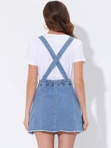 Women's Denim Skirt Overall Adjustable Strap Braces Mini Suspender Washed Spring Summer Jean Skirts - Xanh lam bị sờn - Xem 4