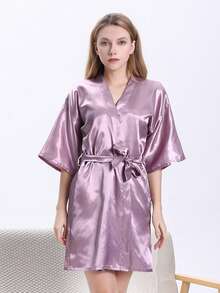 1 szt. Damski, modny, sztuczny jedwabny szlafrok kimono z dekoltem w serek i wiązaniem w talii, krótki rękaw, piżama