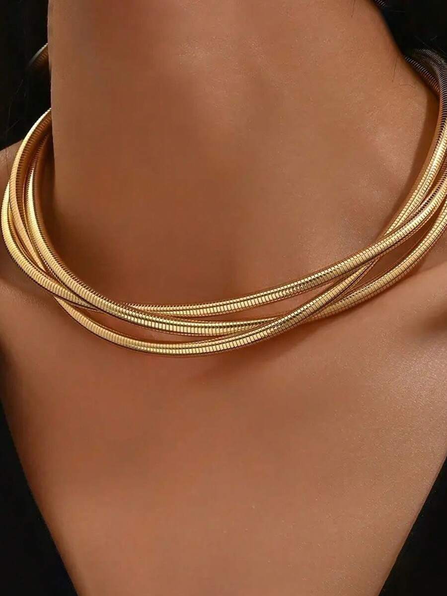 1pc Simple Fashionable Metal Gold Chain Layered Necklace, Creative Chunky Link Chain For Party And Daily Wear