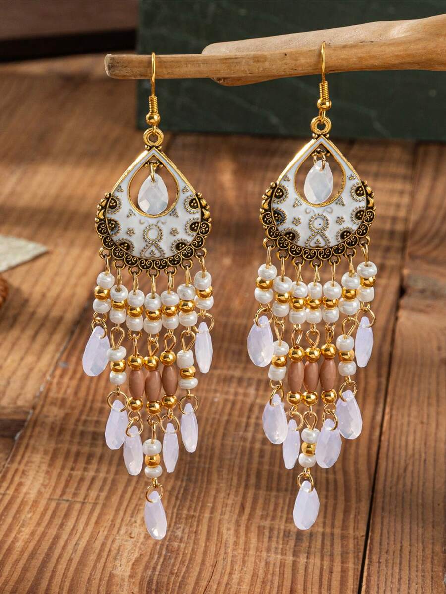 1 对女士泪珠流苏波西米亚风格长耳环