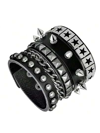 3/1 pièces Bracelets en cuir punk rock pour femmes, accessoires de bijoux rétro style pop des années 80 90 emo, manchettes enveloppantes réglables à pointes