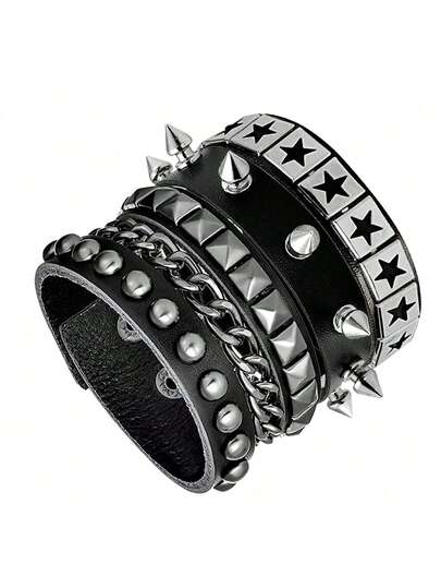 3件套朋克摇滚皮质手链，女士流行80、90年代Emo风格配饰，复古铆钉可调节缠绕式腕带