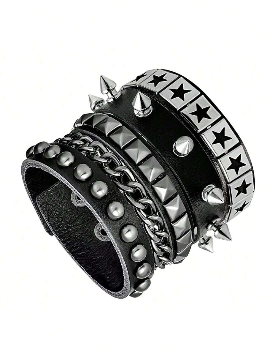 3件套朋克摇滚皮质手链，女士流行80、90年代Emo风格配饰，复古铆钉可调节缠绕式腕带 - 黑色 - 查看 1