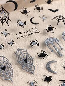 2 pièces Autocollants pour ongles Y2K brillants avec motif de toile d'araignée, design Halloween auto-adhésif avec araignée, cœur et motifs de toile d'araignée, décoration d'art pour ongles mignonne et charmante et accessoires de salon de manucure - Multicolore - Voir 7