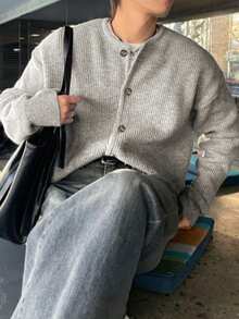 男女款休闲宽松罗纹圆领长袖开衫，简约风格，秋冬 - 灰色 - 查看 4