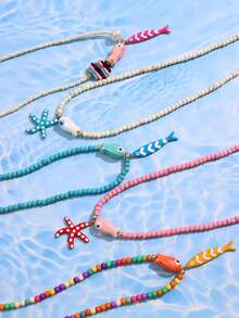 1 件波西米亚风格彩色串珠不锈钢油滴海星和鱼吊坠项链，简约优雅的海滩度假珠宝，多功能海洋主题配饰 - 彩色 - 查看 9