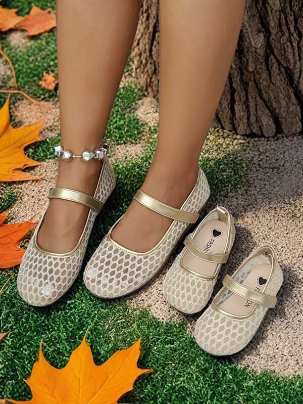 1 par de sapatos baixos de malha dourada e PU respirável para meninas, estilo princesa, bico quadrado, estilo mamãe e eu, adequados para meninas de 2 a 14 anos, adequados para festas, feriados, passeios, todas as estações