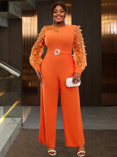 Elegant Knitted Plus Size Long JumButterfly Three-Dimensional Flower Psuit Featuring Round Neck And Sheer Bishop Sleeves With Belted Detail