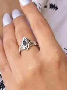 1 chiếc nhẫn đeo tay phong cách Boho cổ điển đính hình mắt thần, thiết kế tối giản, nhẫn đen - Màu Bạc Cổ - Xem 4
