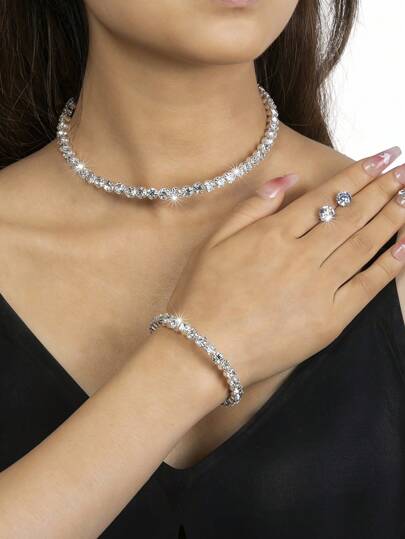 4pcs Elegant Women's Sparkling Crystal Necklace, Earrings, Bracelet Jewelry Set, Bridal Wedding Party Dress Accessories