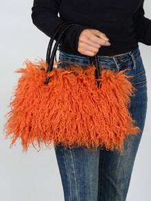 Furry Shoulder Bag For Women Fuzzy Faux Fur Large Tote Handbag Cute Soft Fluffy Purse Tote Bag For Women, Lightweight Puffy Tote Bag With Compartments Quilted Shoulder Bag  Furry Purse Fluffy Tote Bags For Women Winter Faux Fur Bag Fuzzy Purses And Handbags - 橘色 - 查看 2