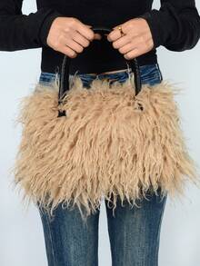Furry Shoulder Bag For Women Fuzzy Faux Fur Large Tote Handbag Cute Soft Fluffy Purse Tote Bag For Women, Lightweight Puffy Tote Bag With Compartments Quilted Shoulder Bag  Furry Purse Fluffy Tote Bags For Women Winter Faux Fur Bag Fuzzy Purses And Handbags - 卡其色 - 查看 4