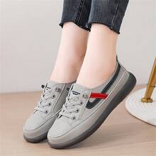 女士软底休闲乐福鞋，白色一脚蹬运动鞋，橡胶外底平底帆布鞋，春秋季 - 灰色 - 查看 4