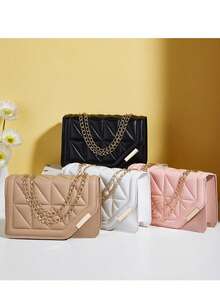 女士手提包，韩版风格新款休闲时尚几何绗缝磁扣锁个性化百搭女士斜挎单肩包 - 彩色 - 查看 3