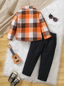2pcs Young Boy Casual Grid Printed Shirt & Streetwear Black Denim Pants Set, Autumn - Multicolor - View 2
