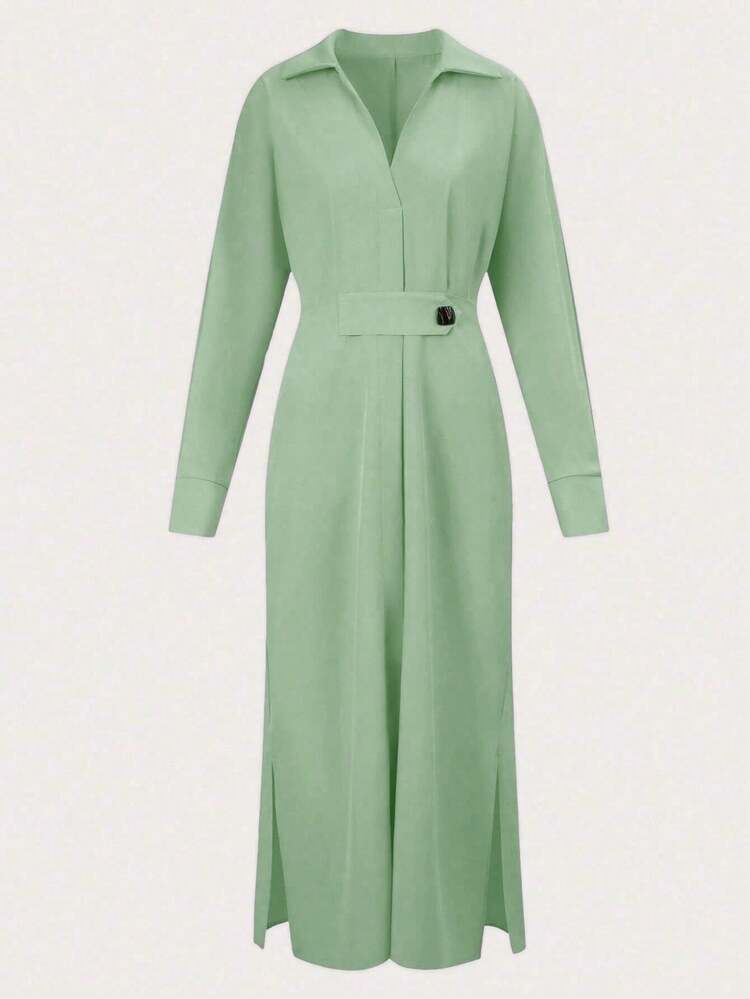 Vestido cárdigan de mujer con escote en pico, silueta ajustada, tejido texturizado, estilo sencillo - Verde - Añade 2